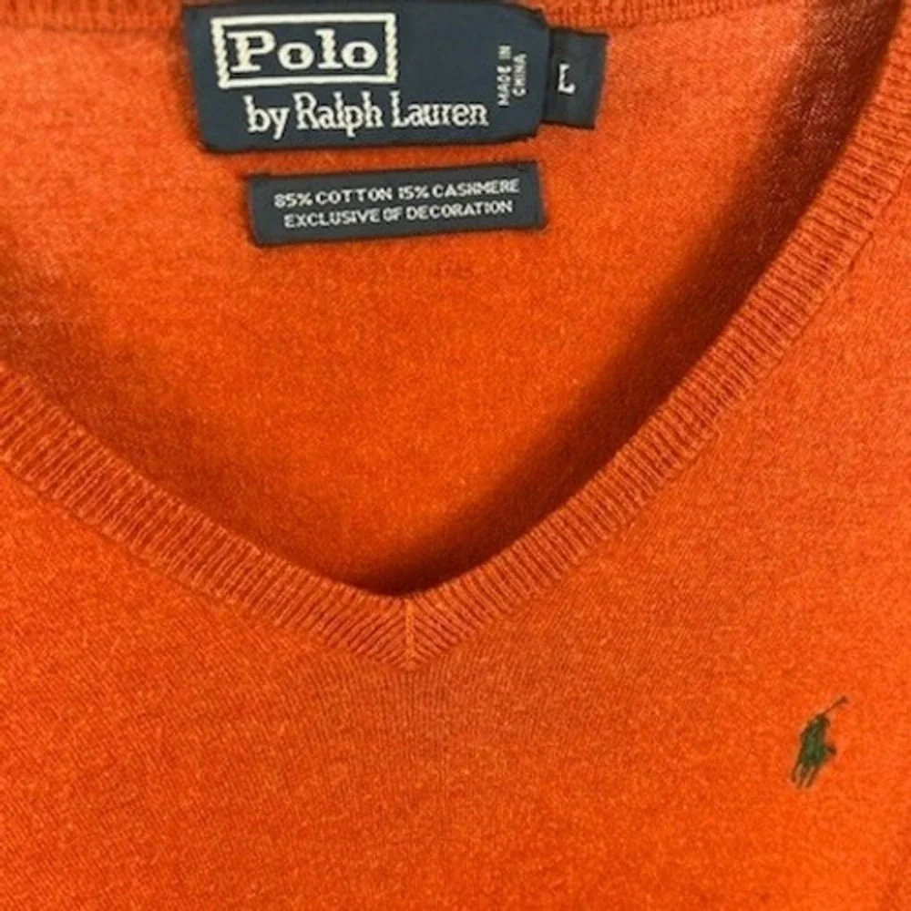Polo Ralph Lauren V Neck Sweater Mens Size Large Orange‎ Cotton Cashmere Blend